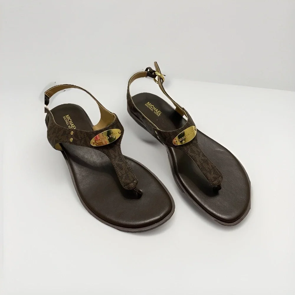 Michael Kors Women's Brown Logo leather Thong Sandals, Size 8 1/2
